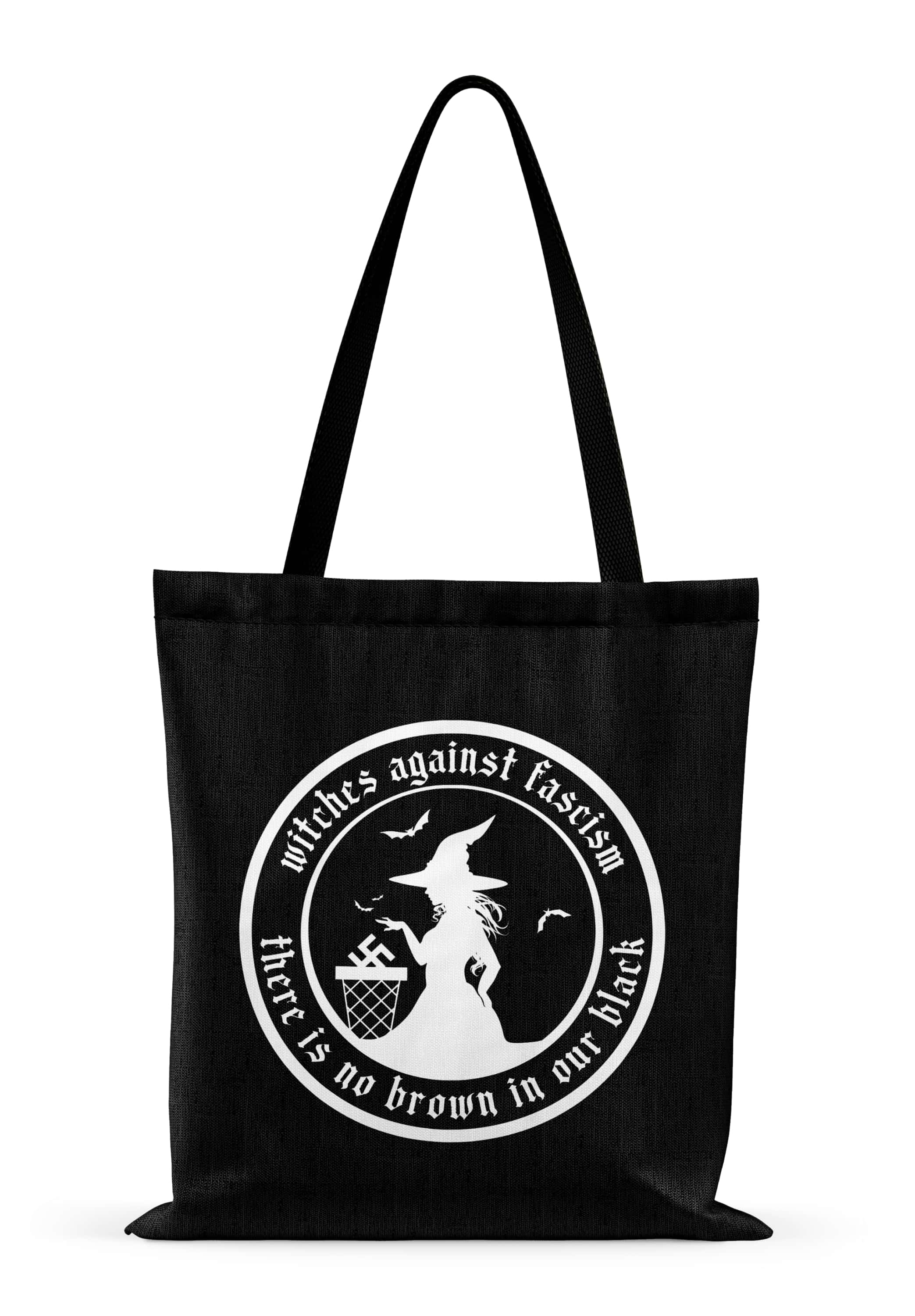 Schwarze canvas-tasche mit weißem hexen-silhouetten-emblem und text witches gegen faschismus langlebiger digitaldruck